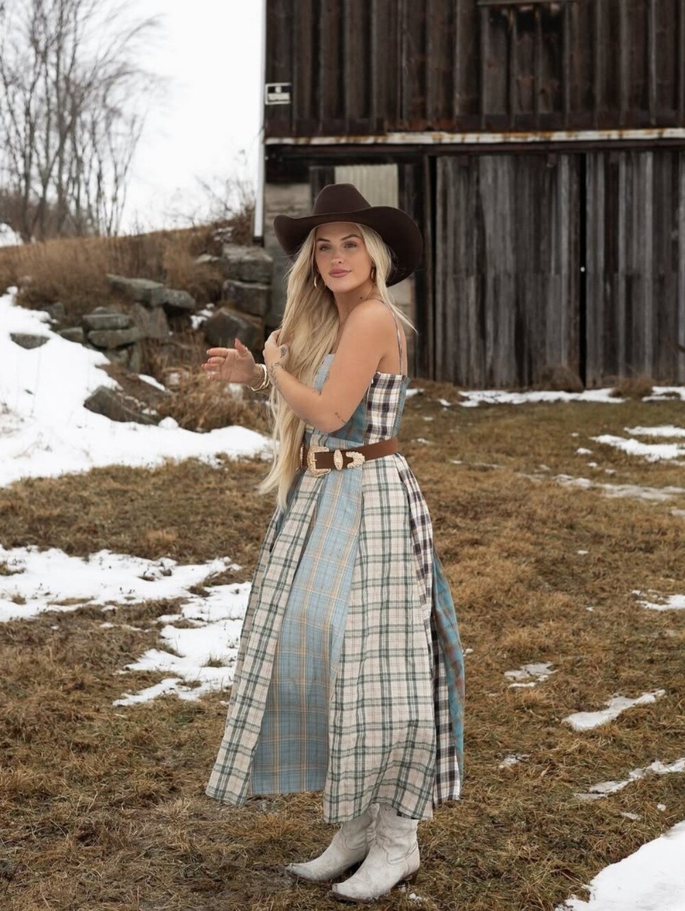 Shop Ivory Buck GiGio Teal Patchwork Plaid Square Neck Western Charm Midi Dress - Picture 15 of 15